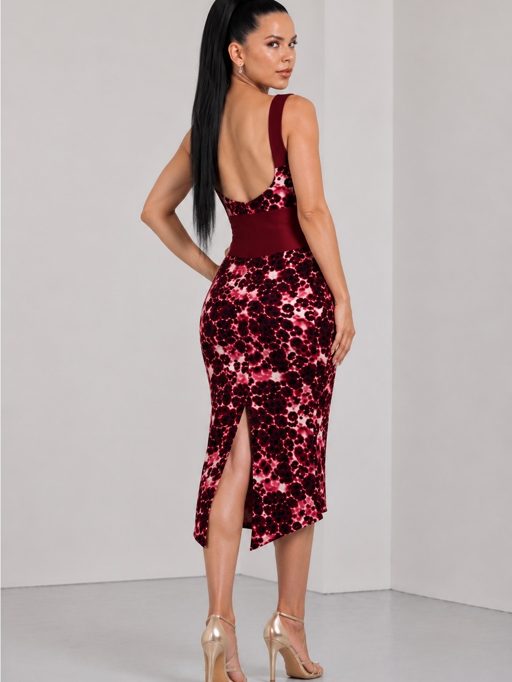 Open Back Sleeveless Burgundy Velvet Sheath Midi Dress Argentinian Tango M